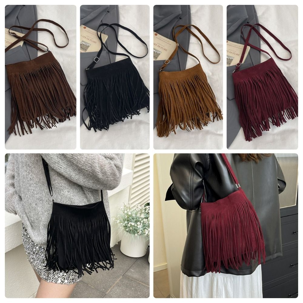 Bucket Bag Suede - Tas Selempang Suede Vintage dengan Rumbai