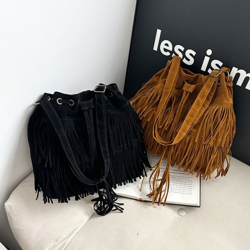 Bucket Bag Suede - Tas Bahu Rumbai Gaya Korea Kulit
